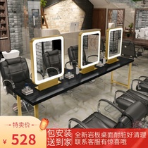 New solid wood barber shop mirror Hair salon mirror table beauty makeup single mirror Hair salon photo studio double mirror with lamp