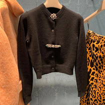miu cardigan diamond buckle sweater French niche slim sweater black cardigan short coat autumn and winter women
