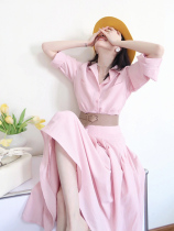 European station high-end Europe and America big-brand wearing long dress retro pink long-sleeved shirt dress female spring dress