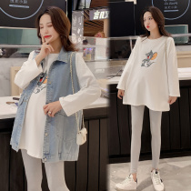 Plus Size 200 Jin Fashion Pregnant Women Set Spring and Autumn Denim Loose Long Sleeve T-shirt Top Two Piece