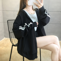 Fat super large size pregnant women Spring and Autumn loose hooded sweater fat MM200-300 Jin cardigan zipper sports coat