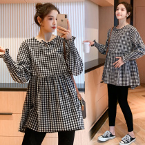 Pregnancy maternity dress blouse 2022 springtime Han version loose surrogacy Belly Plaid Shirt Mid 100 Lapped Sweetness Doll Shirt