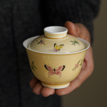 Fanyue handmade thin yellow raw ore porcelain thin ceramic ceramic Jingdezhen hand-painted butterfly bowl Kung Fu Tea Tea Bowl