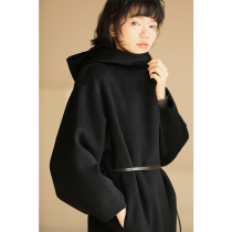 Miss Hadtooth Chen Aijia Cashmere Black Joker waist lace-up hooded loose double-sided woolen coat coat women