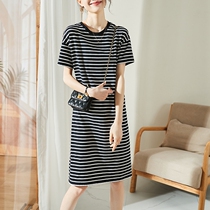 Black and white striped dress woman 2023 summer new loose and thin straight tube middle - collar short - sleeve T - shirt
