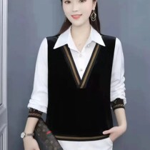 Spring New loose long sleeve shirt with base shirt female middle-aged mother dress Foreign color fake Two T-shirt shirt