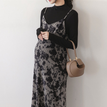 Pregnant women autumn suit fashion temperament print dress Spring and Autumn New suspender skirt autumn dress two-piece
