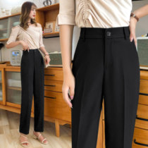 Black ice silk suit pants womens summer thin straight loose high waist thin womens Chiffon nine-point casual pants