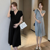 Modal maternity dress Summer thin cool V-neck skirt Summer dress Black short sleeve anti-transparent bottom skirt