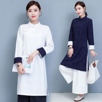 Autumn Chinese style mid-length improved self-fitting cheongsam jacquard cotton and linen Tang suit stand collar long sleeve tea Jacket Women