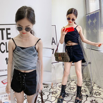 Girls summer outside wearing camisole fashionable mesh stitching Elegant model catwalk Childrens clothing Childrens foreign style top