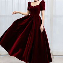 Wine red velvet toast dress bride plus size fat mm summer evening dress 2021 new thin cover arm temperament
