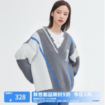 RECOIN original Tide brand color color destruction geometric design 2021 new V-neck sweater pullover couple knits