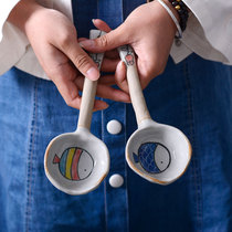 Retro handmade large soup spoon ceramic soup porridge cute cartoon long handle spoon Japanese cooking household soup spoon
