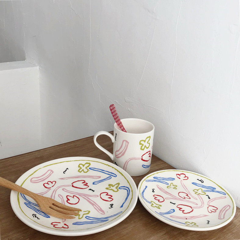 South Korean ins wind hand-painted prank tulip graffiti niche ceramic plate dessert plate breakfast plate ceramic cup set