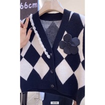 Flower Pearl V-collar knitted plaid vest women Joker loose bottoming vest cardigan sweater Korean autumn and winter New