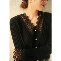 Fashion and temperament stitching lace design with soft pearl decoration cashmere wool knitted