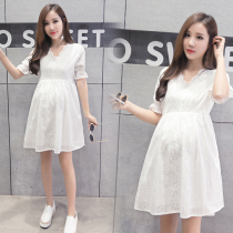  Pregnant womens summer dress Summer white cotton short-sleeved nursing clothes medium-length lace top Spring pregnant womens skirt