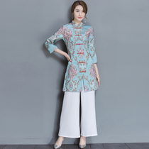 Chinese style lady Tang suit long Chinese clothing improved cheongsam jacket retro buckle Chinese womens Buddha suit
