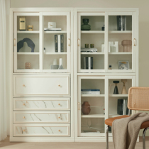 Bookcabinet solid wood pulling door white glass living room display cabinet children landing against wall bookshelf collector dust resistance