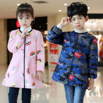 Down jacket waterproof overalls foreign style boys and girls protective clothing baby painting zipper long sleeve autumn and winter overalls reverse dressing
