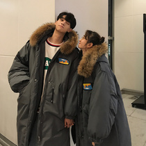 Couples long cotton coat mens winter new Korean version loose Dongdaemun big hair collar over the knee down cotton jacket