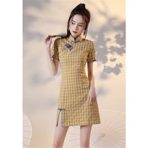 Lareey2021 Cheongsam modified yellow plaid Young girl short sleeve summer fashion everyday can wear short skirt