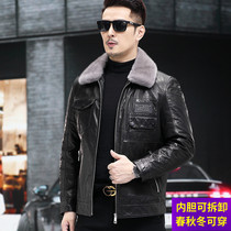 Haining genuine leather down jacket mens middle-aged oil wax goat leather jacket coat short thickened detachable liner