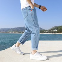 Pop brand 2021 summer jeans mens nine points loose straight halterneck pants youth light blue slim casual pants thin section