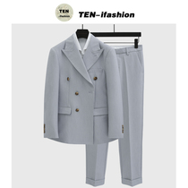  Double-breasted suit suit mens slim Korean version of the banquet host wedding wedding groom British suit two-piece tide