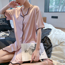 2021 summer ice silk night dress womens short-sleeved long dress loose thin sexy cardigan solid color pajamas silk home clothes