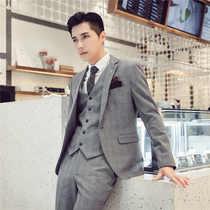 Casual suit suit suit mens trend business dress Mens groom groomsmen wedding dress plaid suit three-piece suit