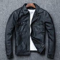 Amekazi first layer cowhide vintage stone milled old leather leather mens short slim plus cotton leather jacket