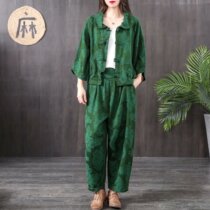 Ethnic style cotton linen suit female spring and autumn literary style retro buckle casual bloomers two-piece Chinese style