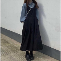 College style two-piece sweet strap skirt Female students autumn Korean version loose and wild medium-long suspender dress
