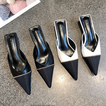 Korean version of 2022 spring new small fragrant wind pointed stitching Baotou half slippers women summer short heel outer slippers Joker