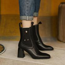 Texture fried street ~ heart many times @ French retro high-heeled short boots children thick-heeled thin boots single boots