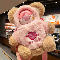 Childrens thermos cup female cute super cute bear water Cup portable stainless steel straw cup high value student kettle