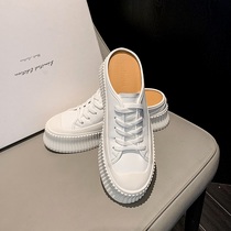 Thick-soled slippers for women to wear 2021 new autumn high-heeled muffin leather White shoes Baotou half slippers