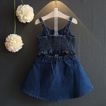 Childrens clothing 2021 spring new girls children Korean Hawaiian style backless denim suspender skirt