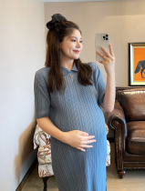 PEIPEI maternity dress Miyake vertical pattern pregnancy high-grade dress Banquet medium long shirt Western style loose tide mom