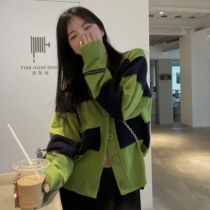 Large size womens fat mm sweater coat autumn winter 2021 New loose Joker stripe single breasted V-neck knitwear