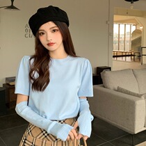 Big Code Fat MM Spring Summer Han Edition Design Sense Two Wear Round Collar Knit Bottom Jersey Woman Sleeve sleeve Blister Head Clothe