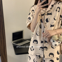 South Korea ins wind summer cotton pajamas womens short-sleeved shorts Cartoon printing girl cardigan home clothes two-piece set