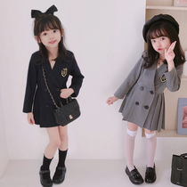  Homemade girls suit dress 2021 autumn new female baby temperament double-breasted long-sleeved pleated dress