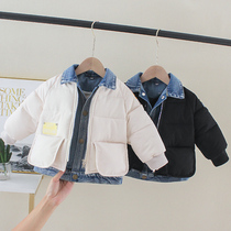 3 Toddlers and children splicing denim fake two-piece cotton clothes 2021 winter new men and women baby children western style cotton clothes 5