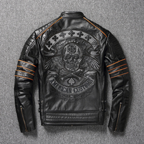 Leakage pure first layer cowhide jacket leather leather jacket men Harley locomotive embroidery logo motorcycle riding jacket