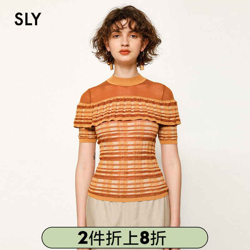 SLY Springs new retro plaid lotus-trimmed short-sleeved sweater 038DSZ70-3450