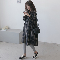 Pregnant women spring dress long sleeve top pregnant cotton long casual spring and autumn plaid shirt cardigan jacket