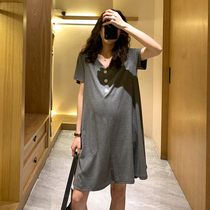 Summer pregnant cotton T-shirt fashion nursing dress solid color loose large size Korean version of the long tide mom casual dress